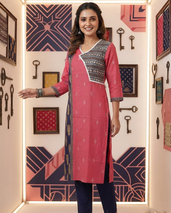 Handloom Cotton Kurti with Ajrakh Panel & Mirror Work