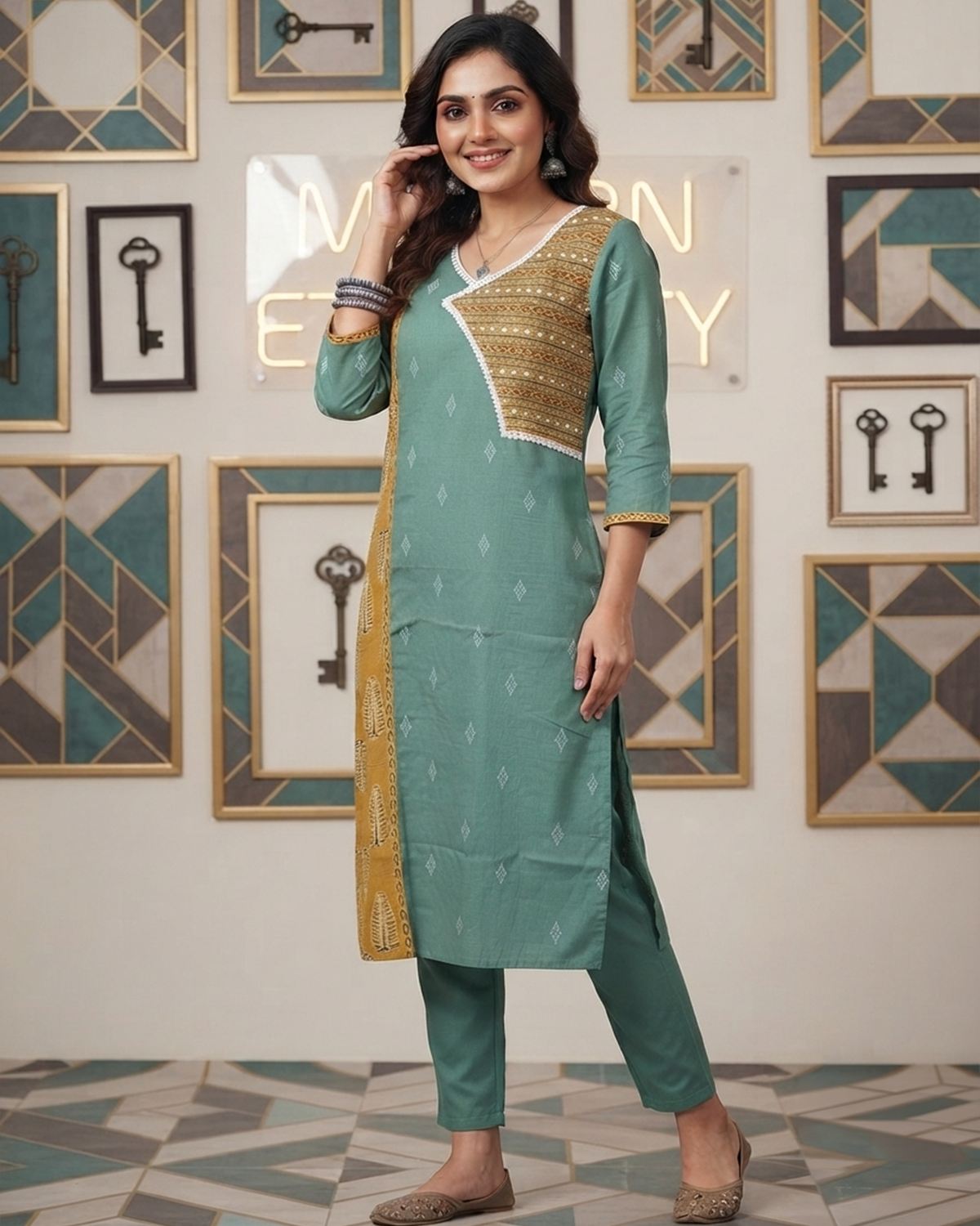 Handloom Cotton Kurti with Ajrakh Panel & Mirror Work