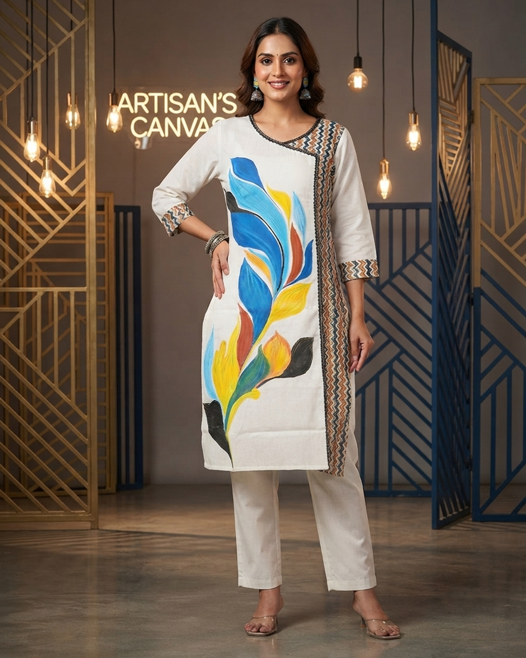Cotton Angrakha Style Kurti with Floral Motif & Ajrakh Panel