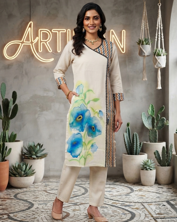 Floral Hand-Painted Cotton Kurti with Pure Ajrakh Panel