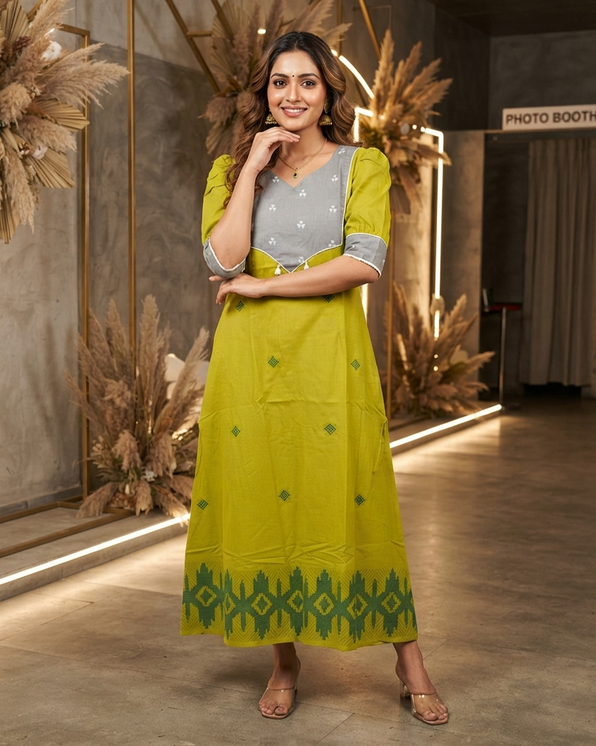 Pure Jamdani Handloom Cotton Lime Green Festive Gown