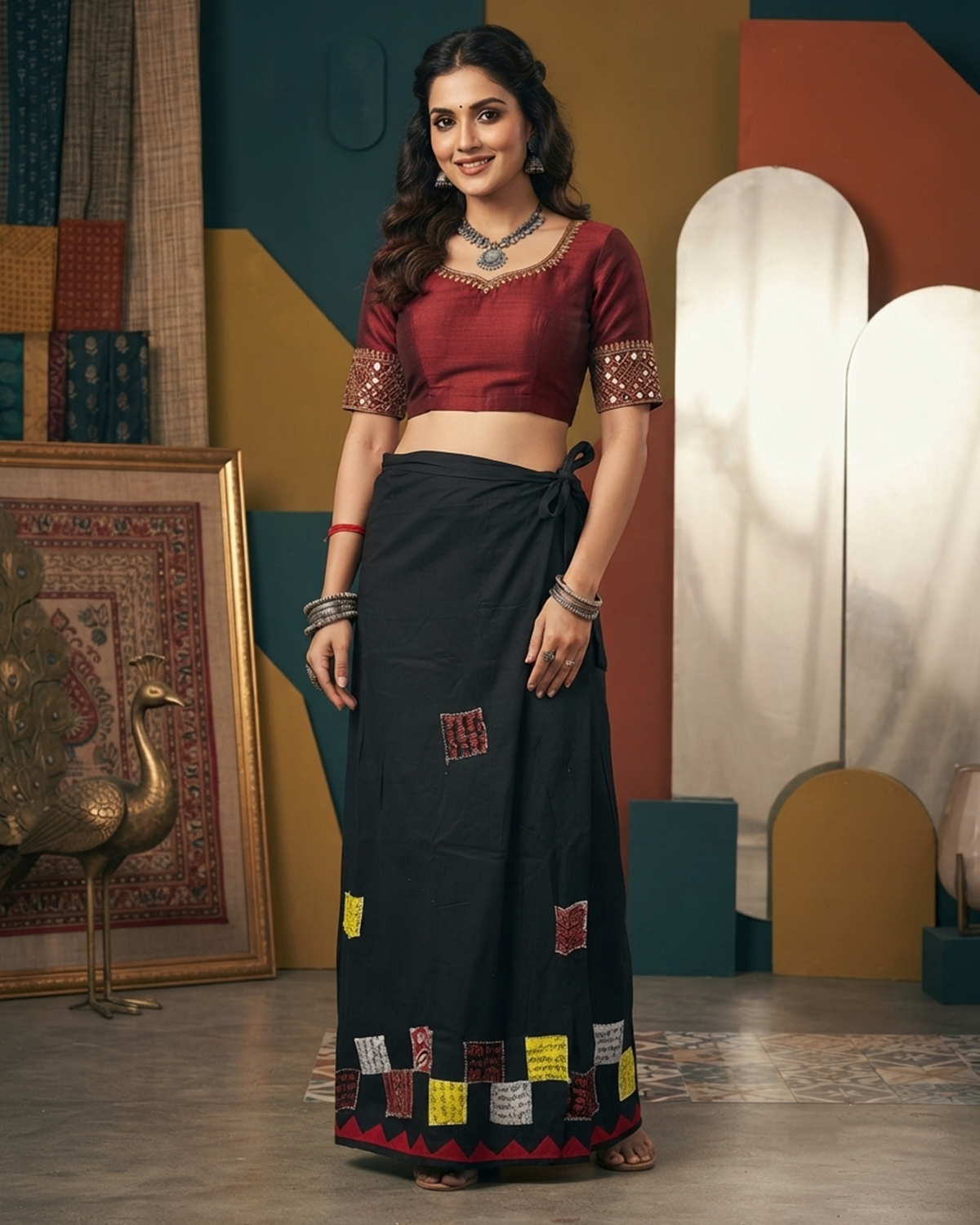 Cotton Wrap Skirt with Applique & Patchwork