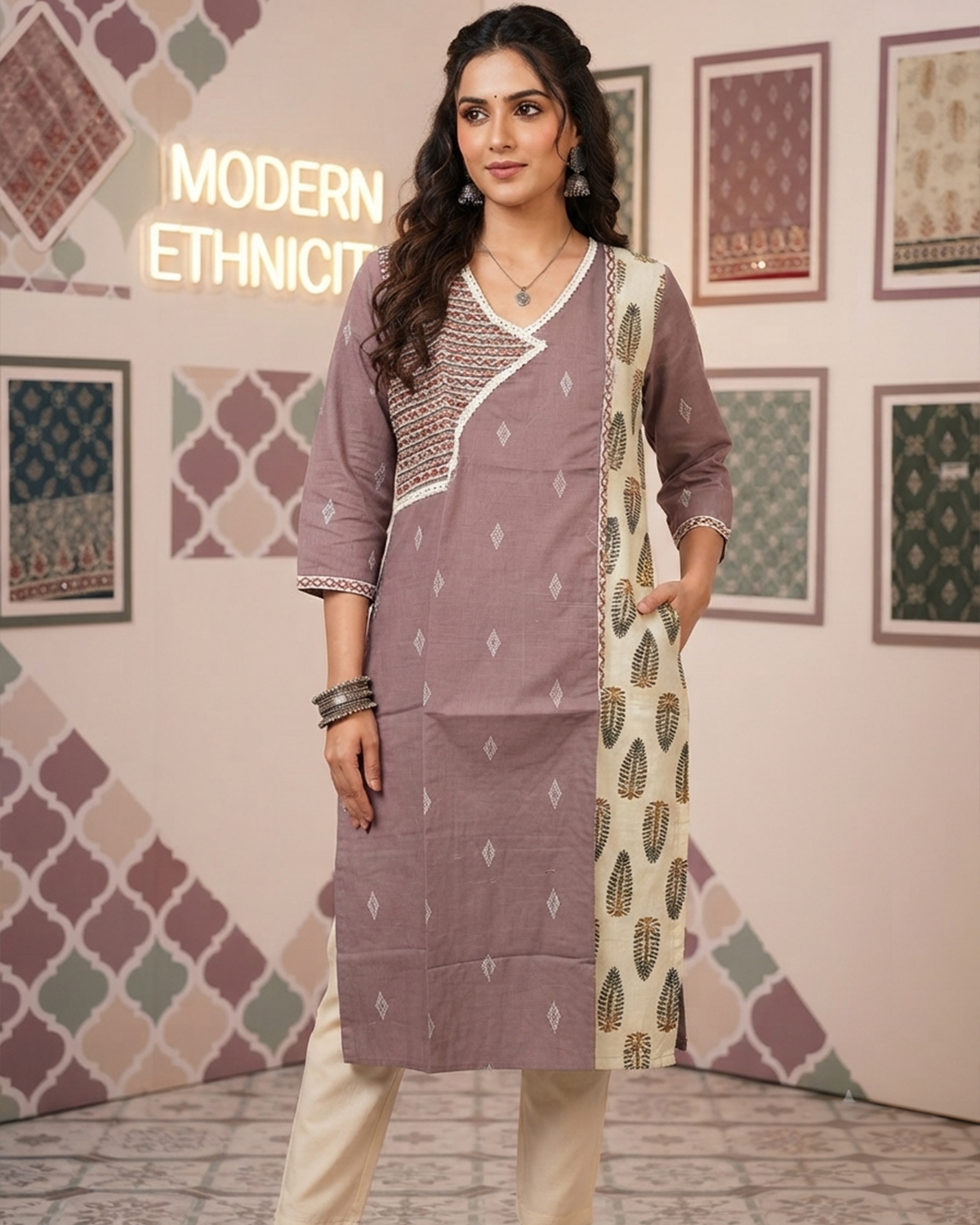 Handloom Cotton Kurti with Ajrakh Panel & Mirror Work