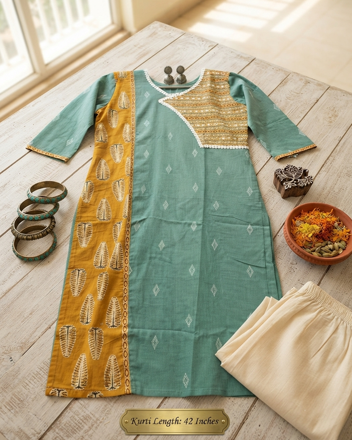 Handloom Cotton Kurti with Ajrakh Panel & Mirror Work