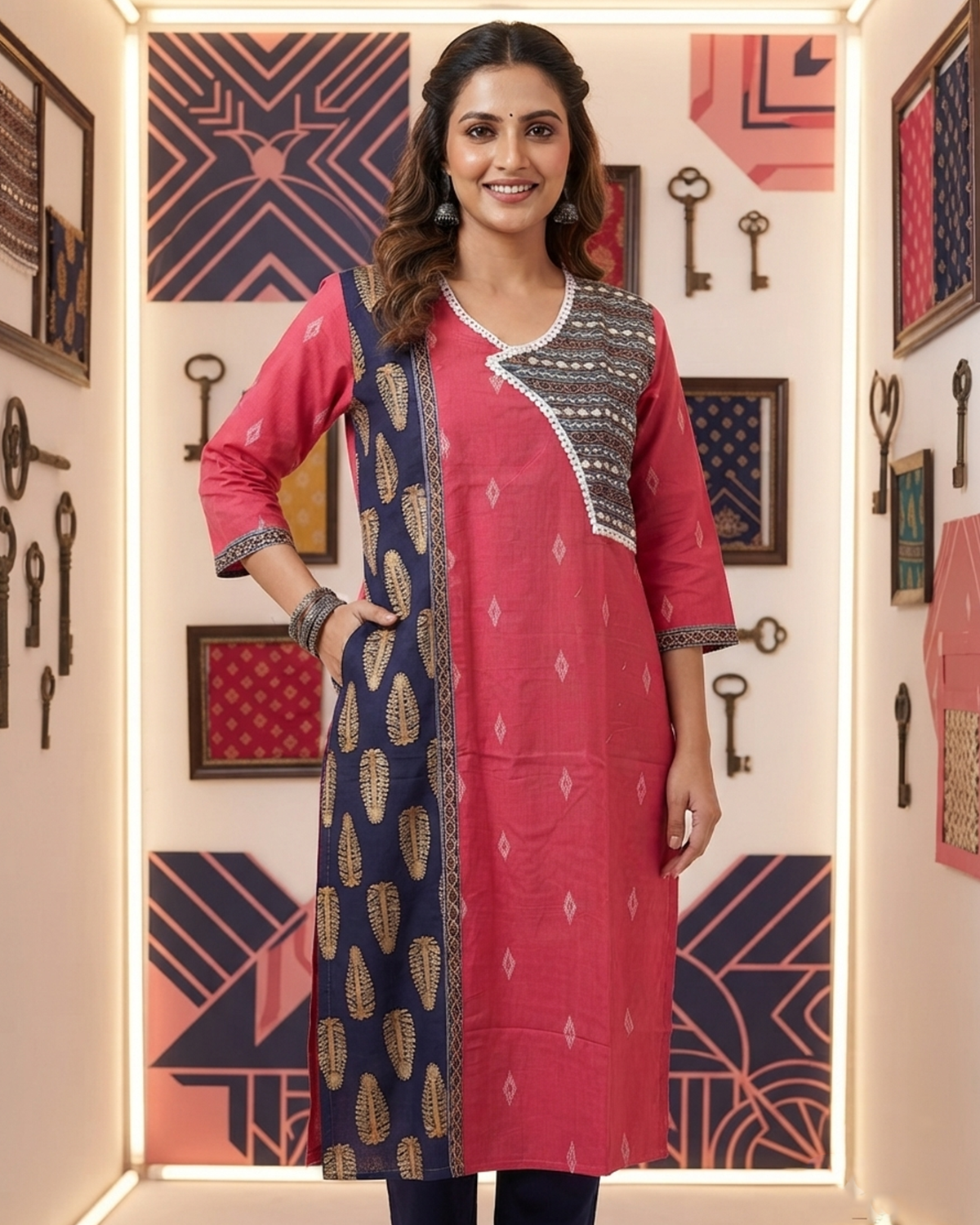 Handloom Cotton Kurti with Ajrakh Panel & Mirror Work