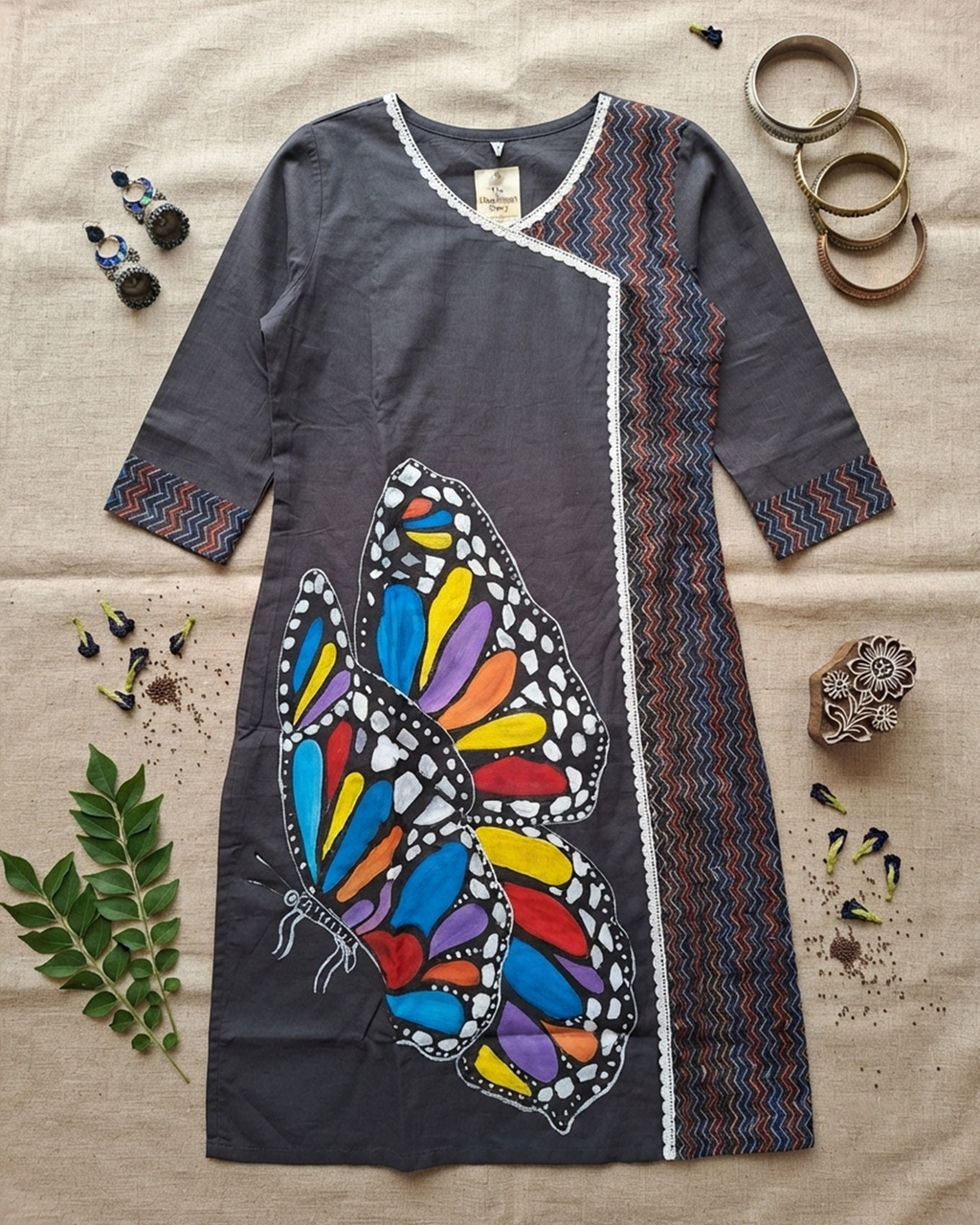 Cotton Kurti with Hand-Painted Butterfly & Ajrakh Panel