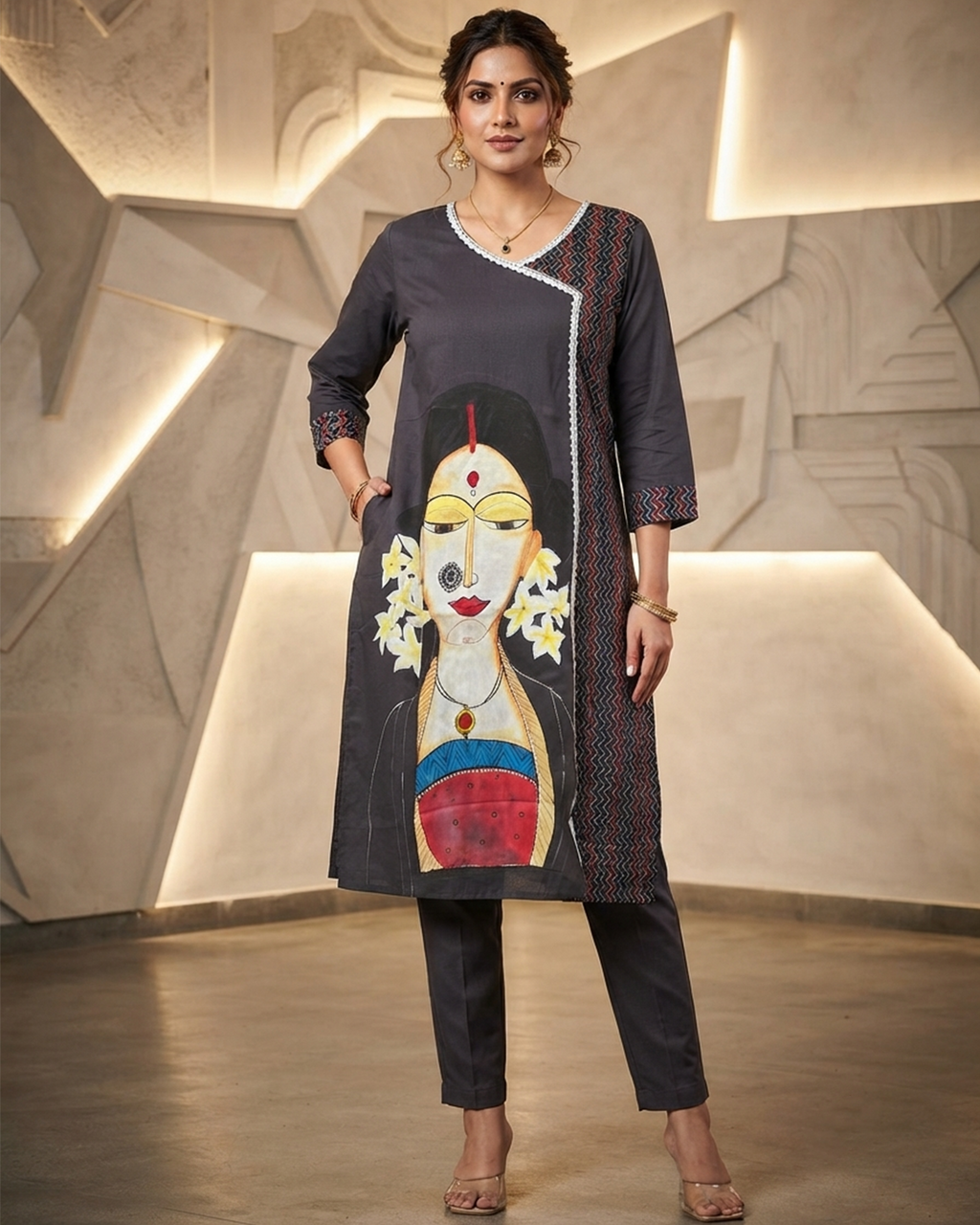 Cotton Angrakha Kurti with Hand-Painted Art & Pure Ajrakh Panel
