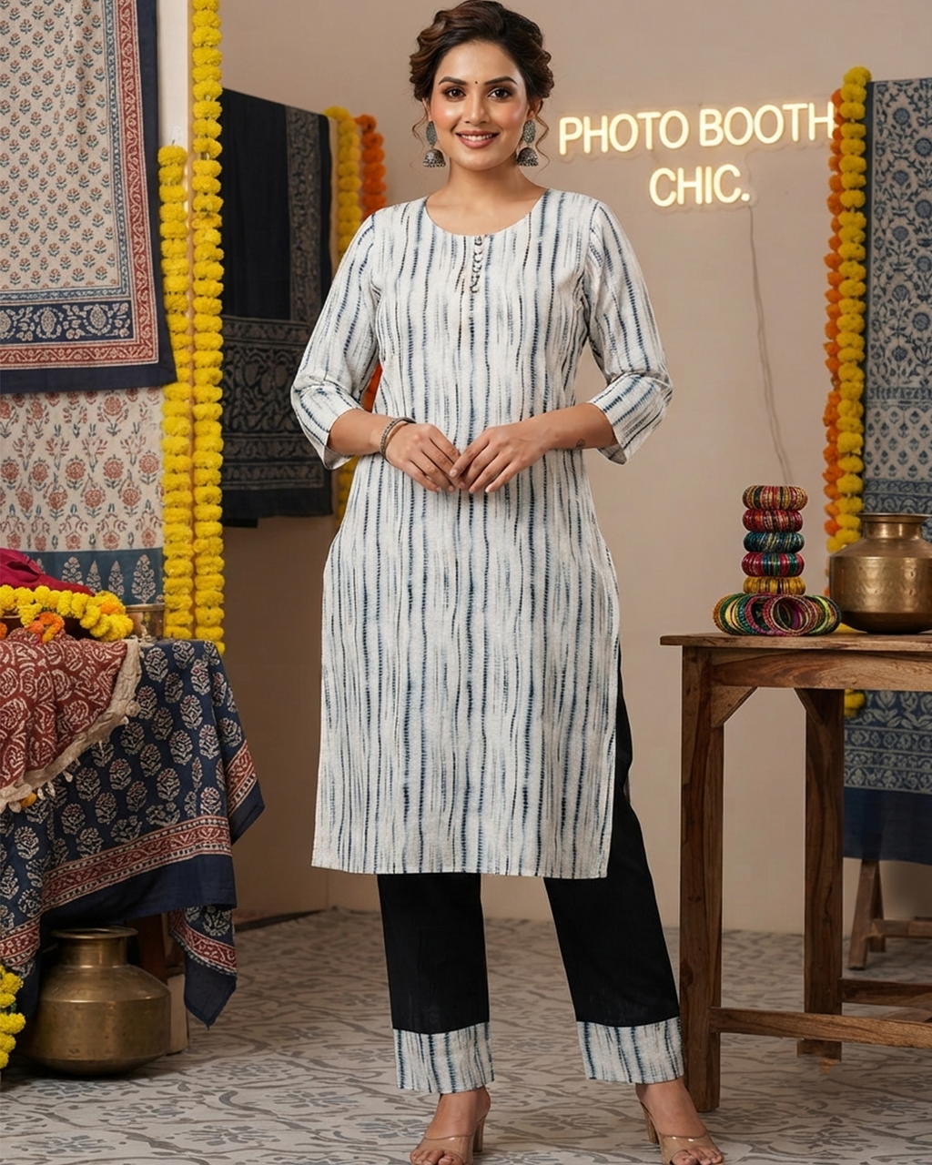 Elegant Striped Kurti Set with Sequin Work & Silk Pant