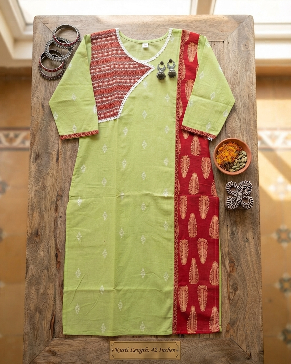 Handloom Cotton Kurti with Ajrakh Panel & Mirror Work