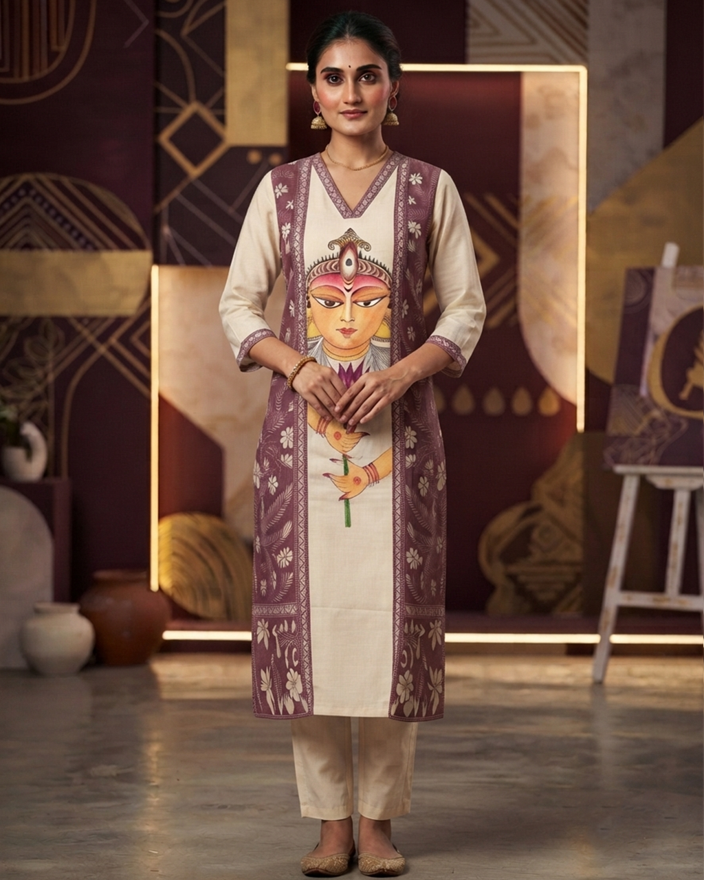 Maa Durga Hand-Painted Malai Cotton Kurti with Kathastich Panel