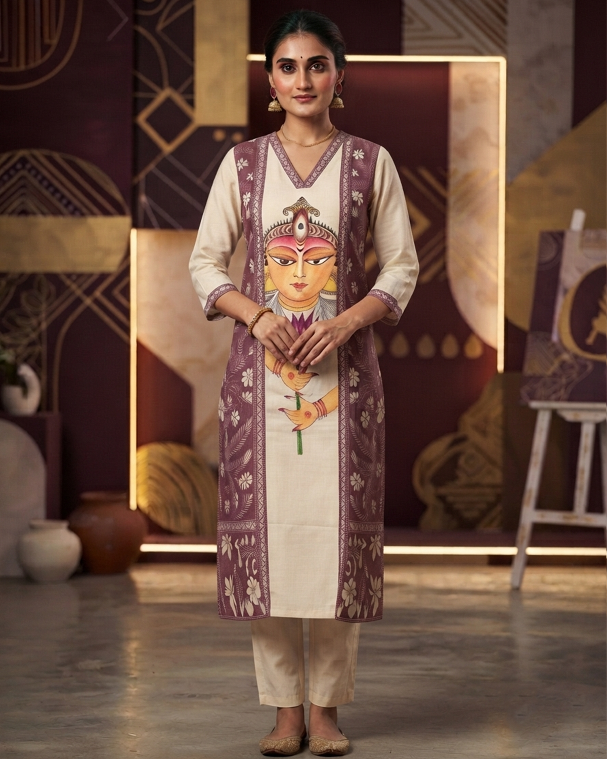 Maa Durga Hand-Painted Malai Cotton Kurti with Kathastich Panel