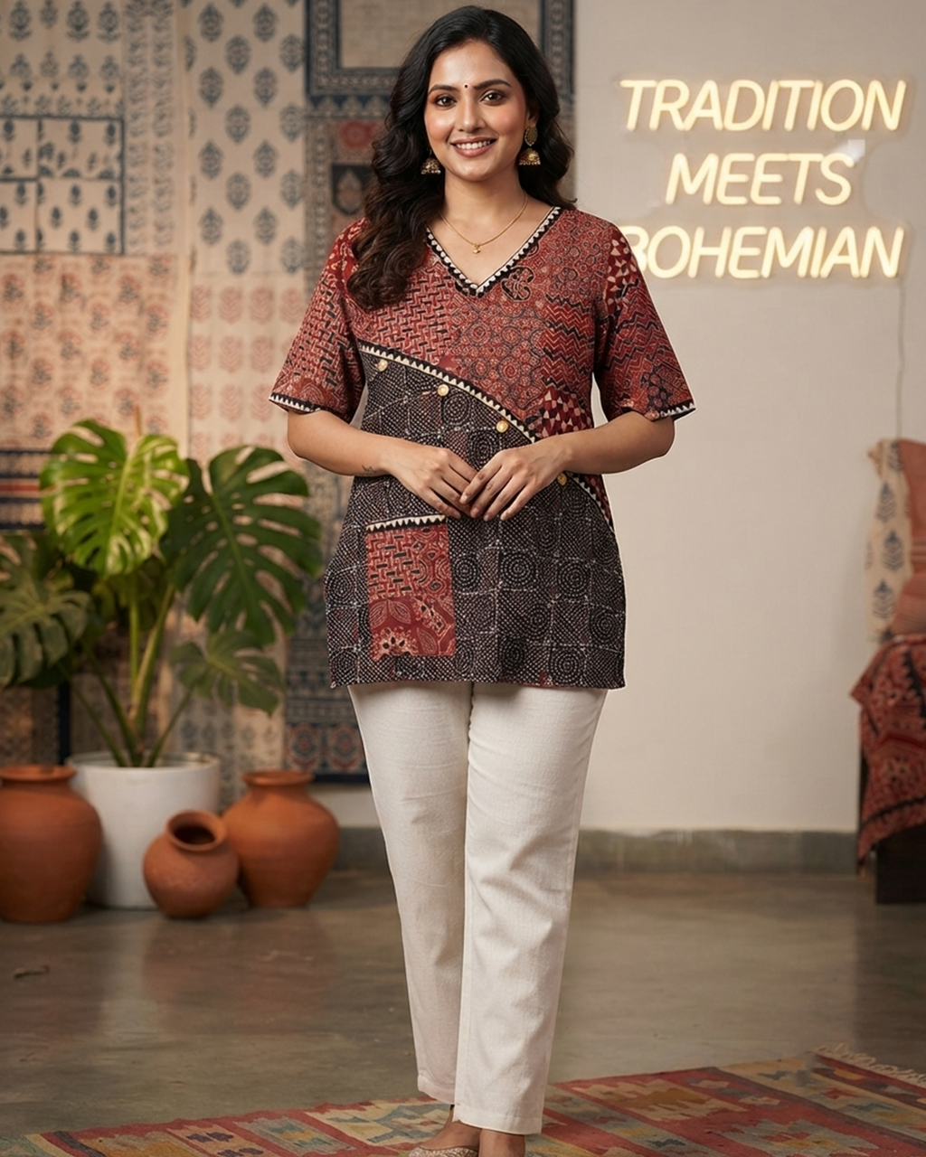 Rust & Black Pure Ajrakh Patchwork Cotton Short Kurti