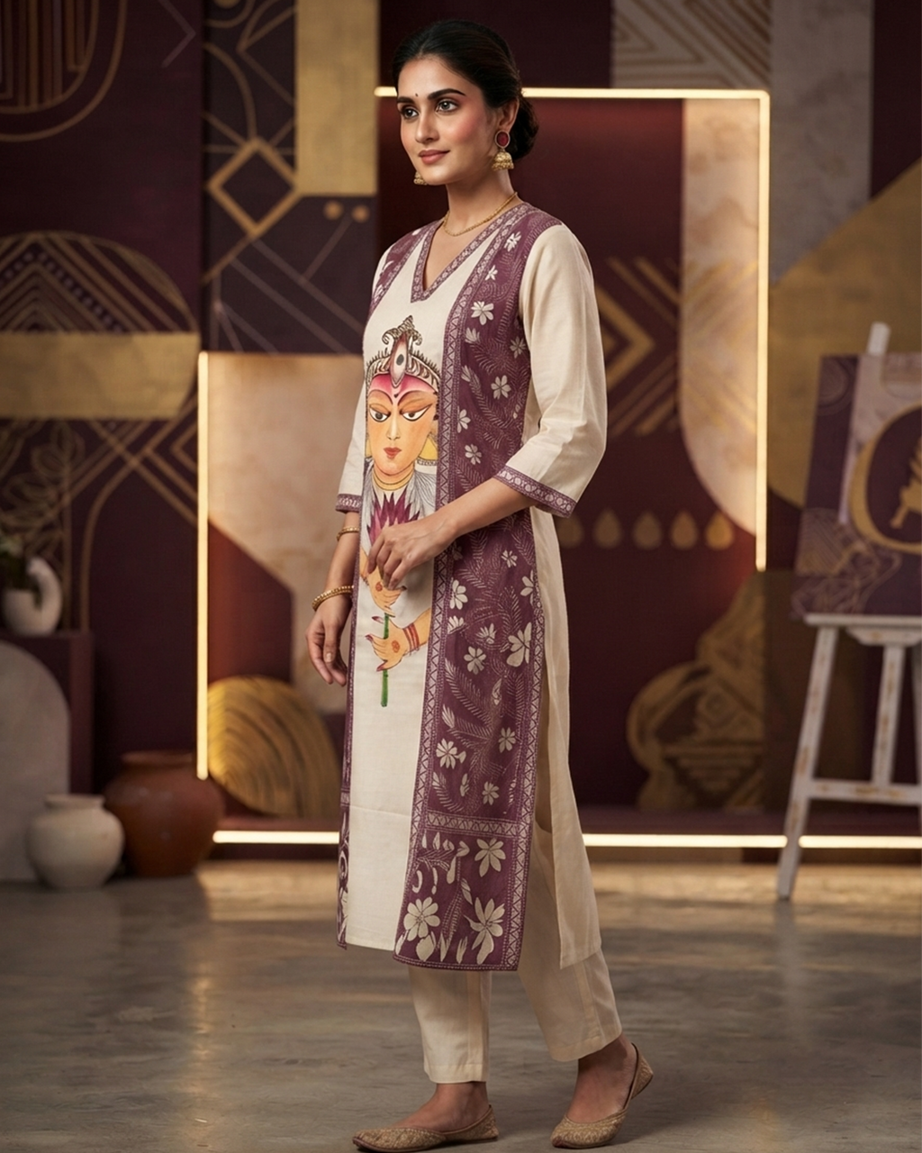 Maa Durga Hand-Painted Malai Cotton Kurti with Kathastich Panel