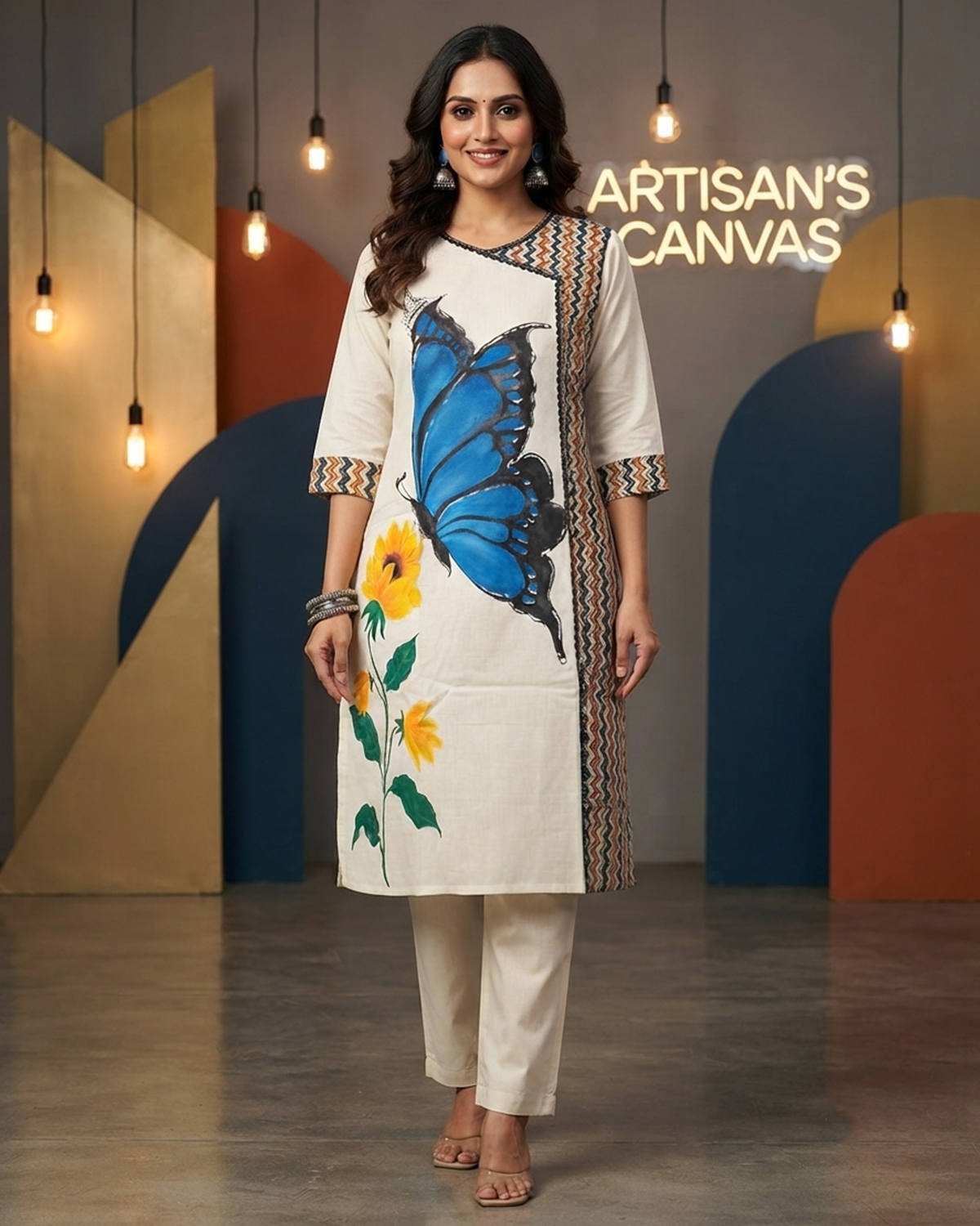 Cotton Kurti with Hand-Painted Butterfly & Pure Ajrakh Panel