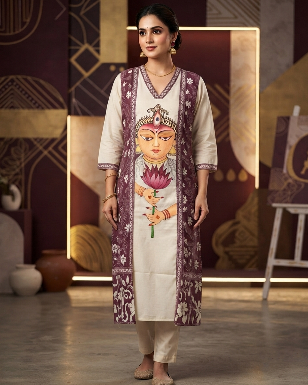 Maa Durga Hand-Painted Malai Cotton Kurti with Kathastich Panel