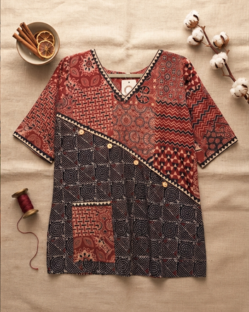 Rust & Black Pure Ajrakh Patchwork Cotton Short Kurti