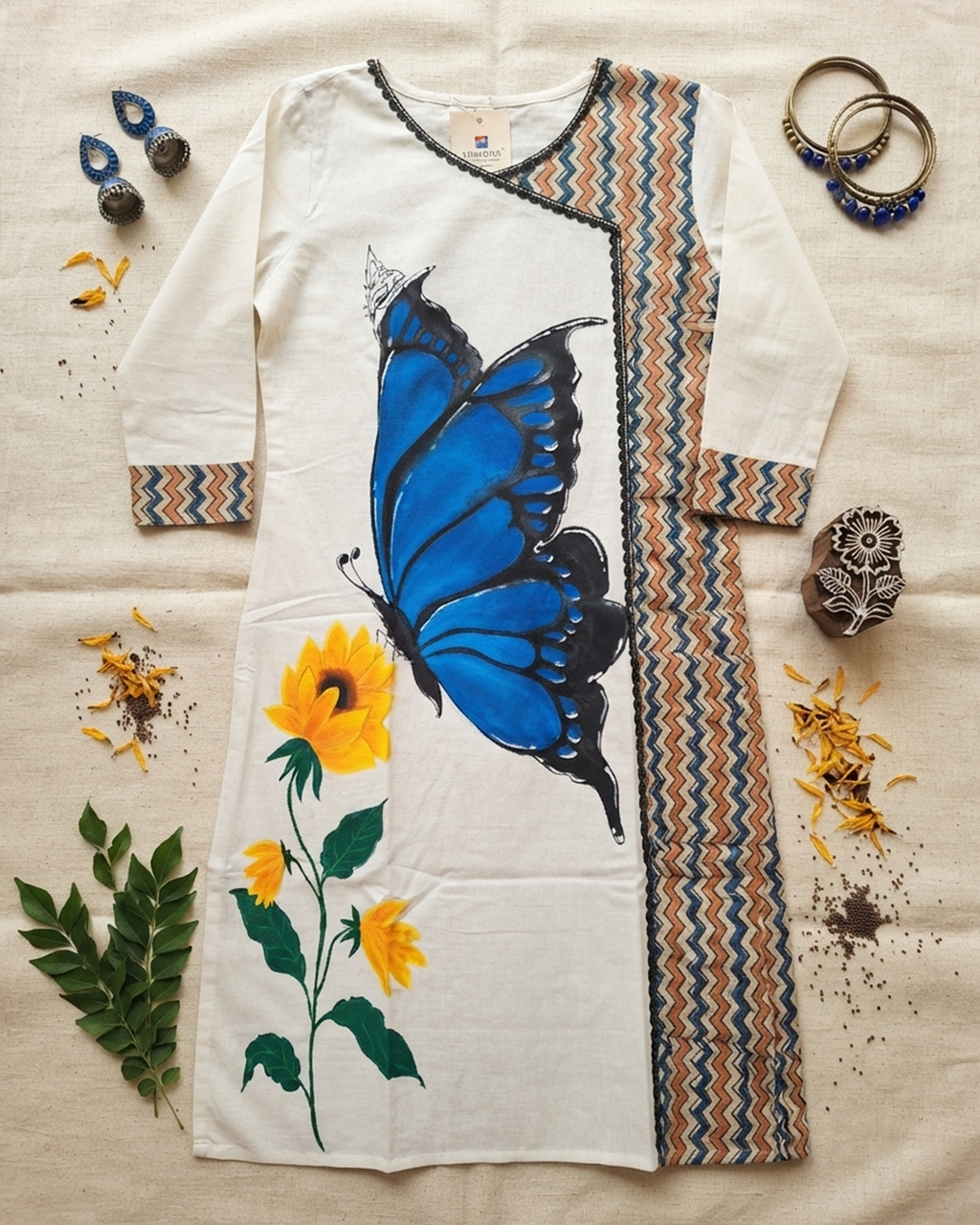 Cotton Kurti with Hand-Painted Butterfly & Pure Ajrakh Panel