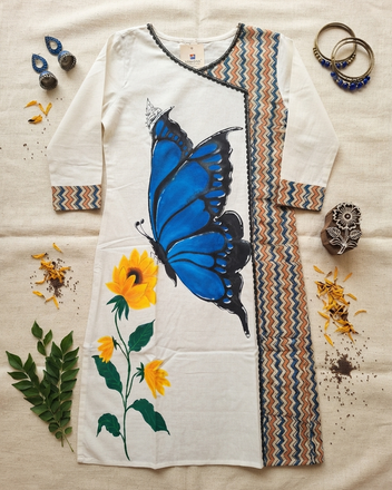 Cotton Kurti with Hand-Painted Butterfly & Pure Ajrakh Panel