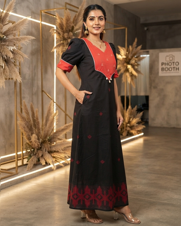 Pure Jamdani Handloom Cotton Black & Red Festive Gown