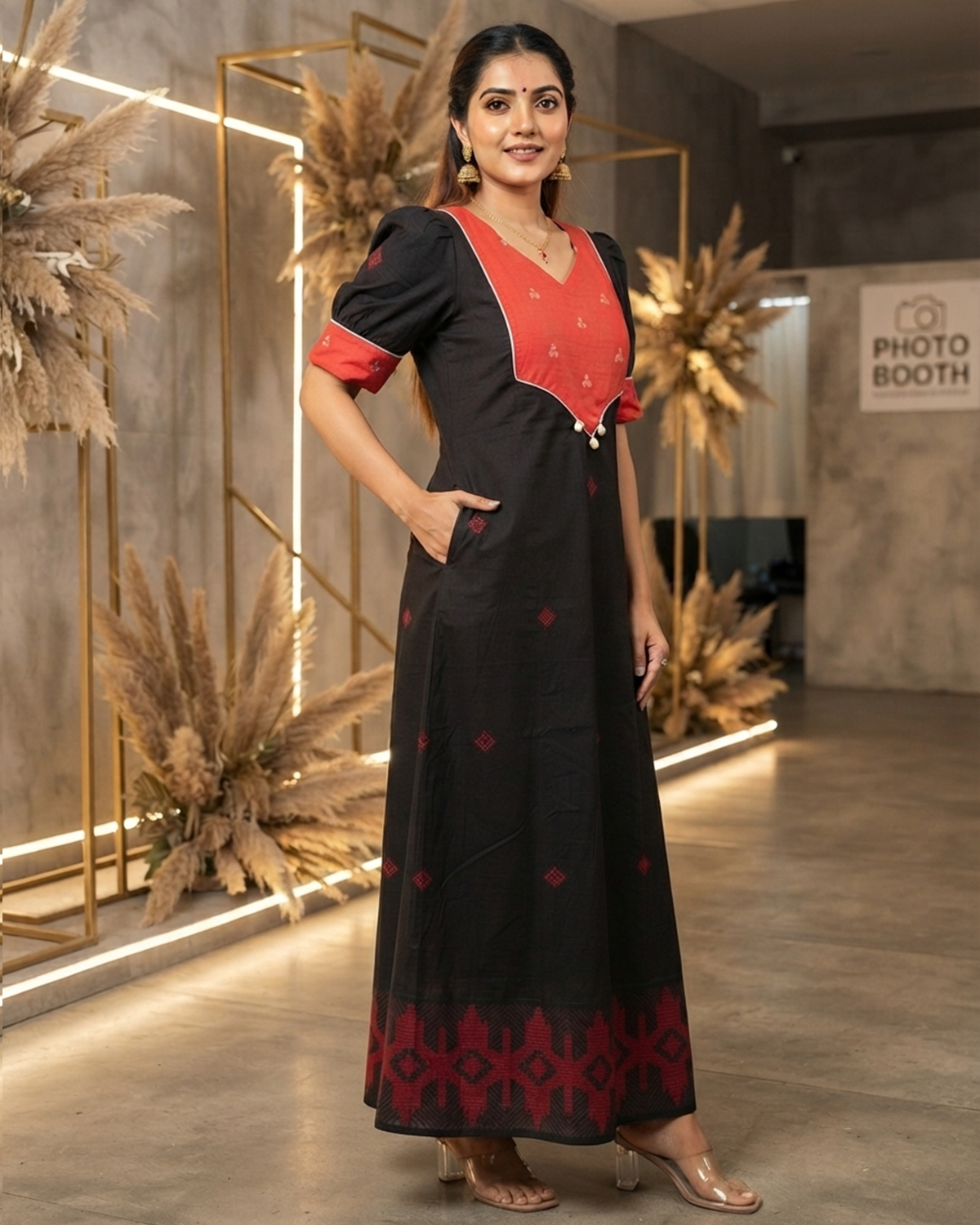 Pure Jamdani Handloom Cotton Black & Red Festive Gown