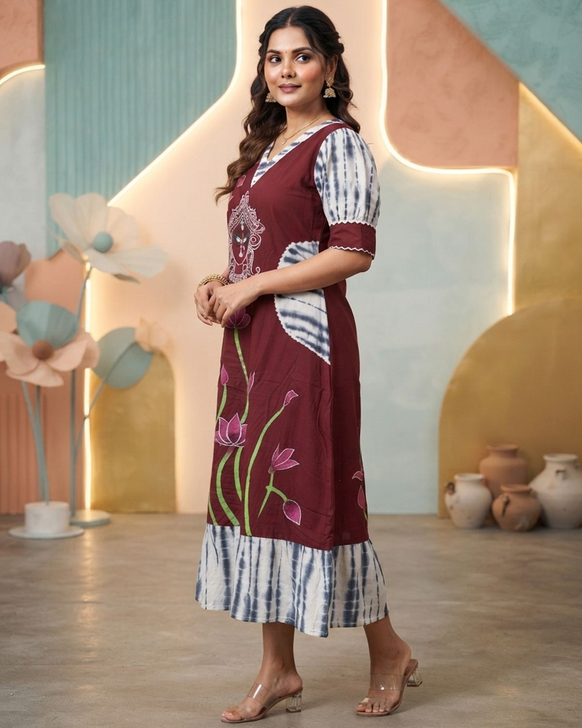 Maroon Handpainted Cotton Gown with Tie-Up Belt & Side Pocket