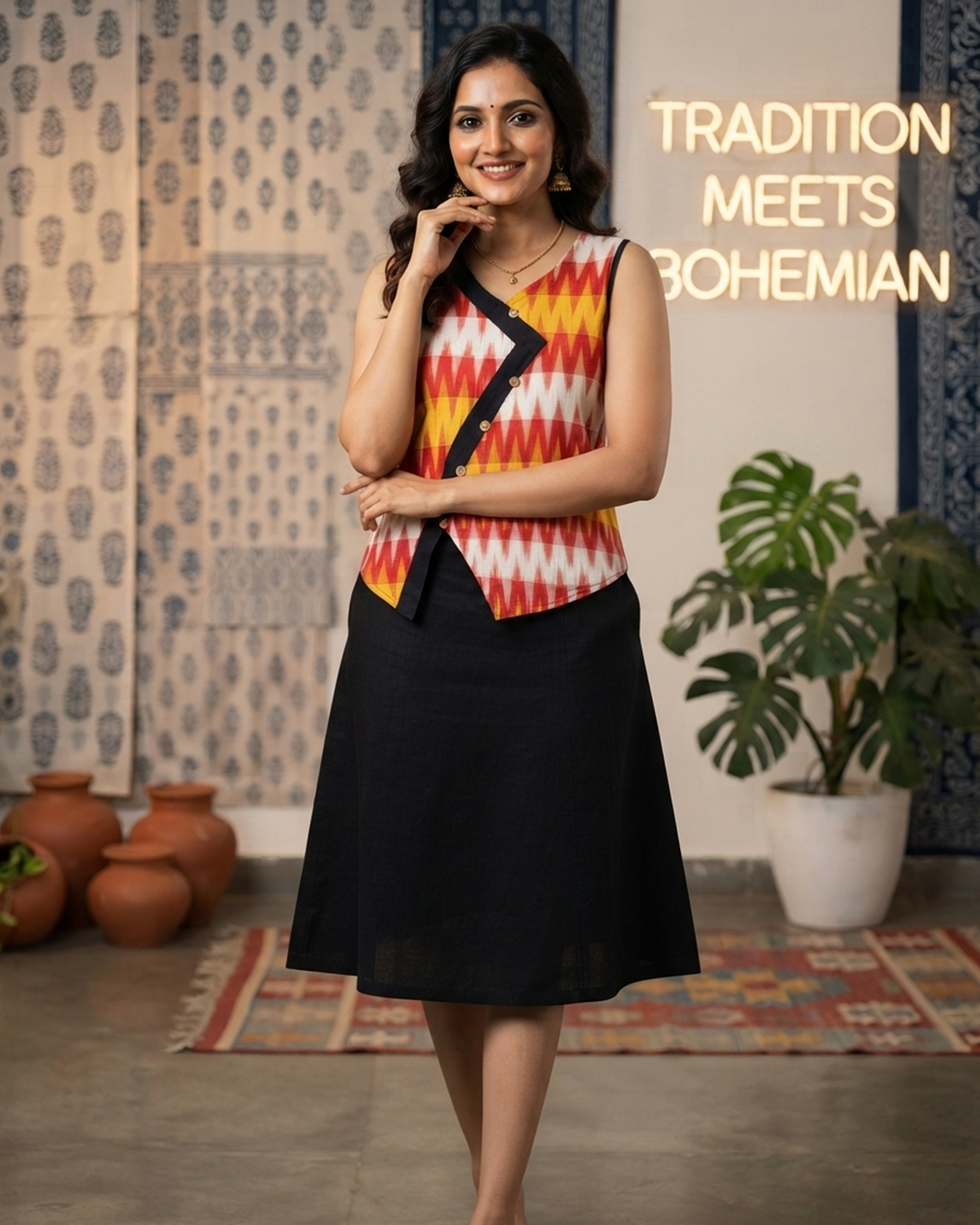 3D Pure Ikkat Cotton Short Kurti with Wooden Buttons