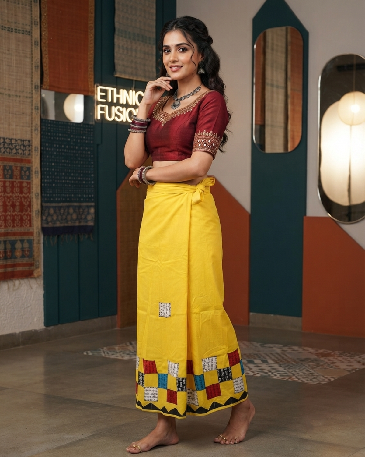 Cotton Wrap Skirt with Applique & Patchwork