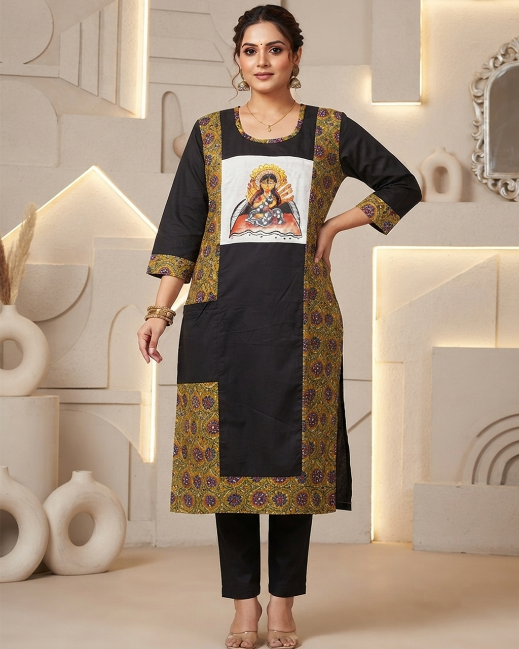 Black Handpainted Maa Durga Cotton Kurti with Ajrakh Panel & Pockets