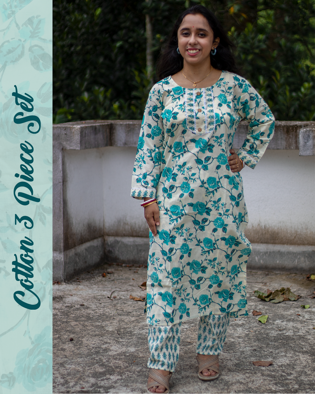 Floral Printed Blue Cotton 3-Piece Suit