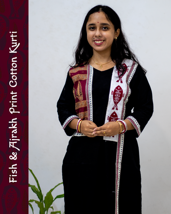 Cotton Kurti with Ajrakh Block and Fish Print Patch Work