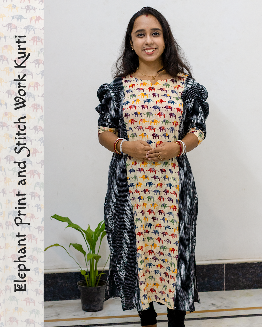 Elephant Print and Stitch Work Cotton Kurti