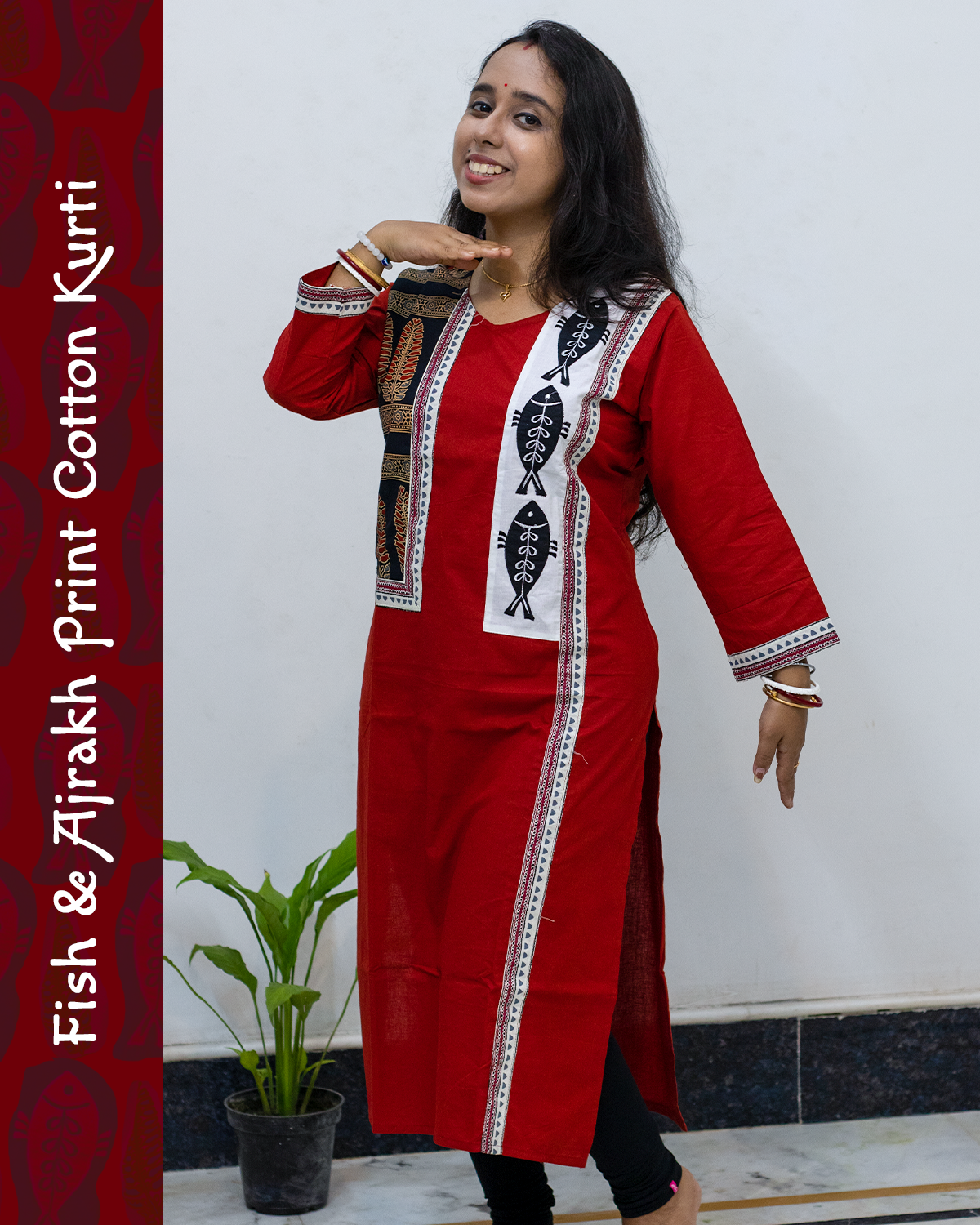 Cotton Kurti with Ajrakh Block and Fish Print Patch Work