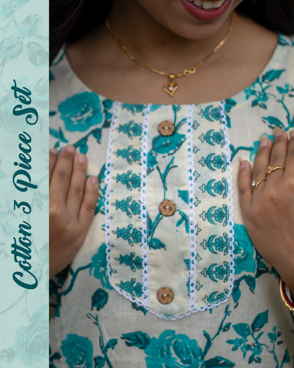 Floral Printed Blue Cotton 3-Piece Suit