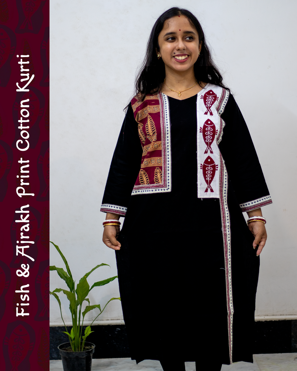 Cotton Kurti with Ajrakh Block and Fish Print Patch Work