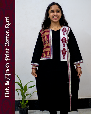 Cotton Kurti with Ajrakh Block and Fish Print Patch Work
