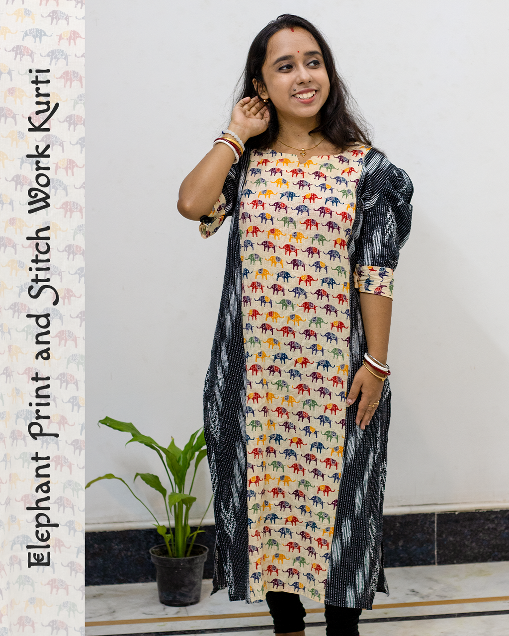 Elephant Print and Stitch Work Cotton Kurti