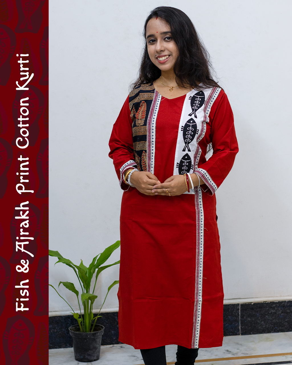 Cotton Kurti with Ajrakh Block and Fish Print Patch Work