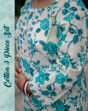 Floral Printed Blue Cotton 3-Piece Suit