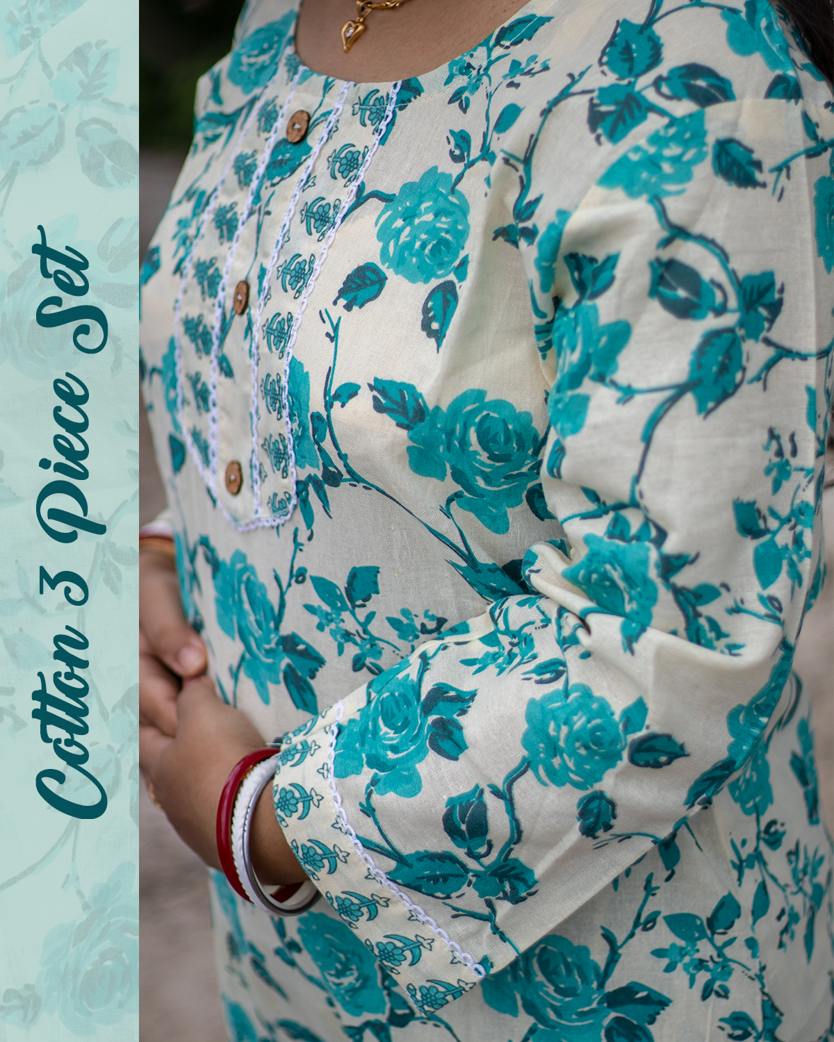 Floral Printed Blue Cotton 3-Piece Suit