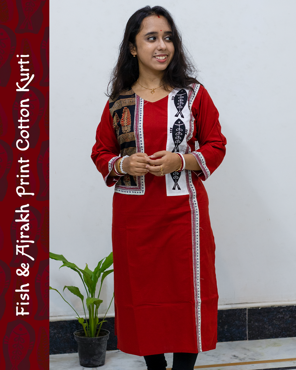 Cotton Kurti with Ajrakh Block and Fish Print Patch Work