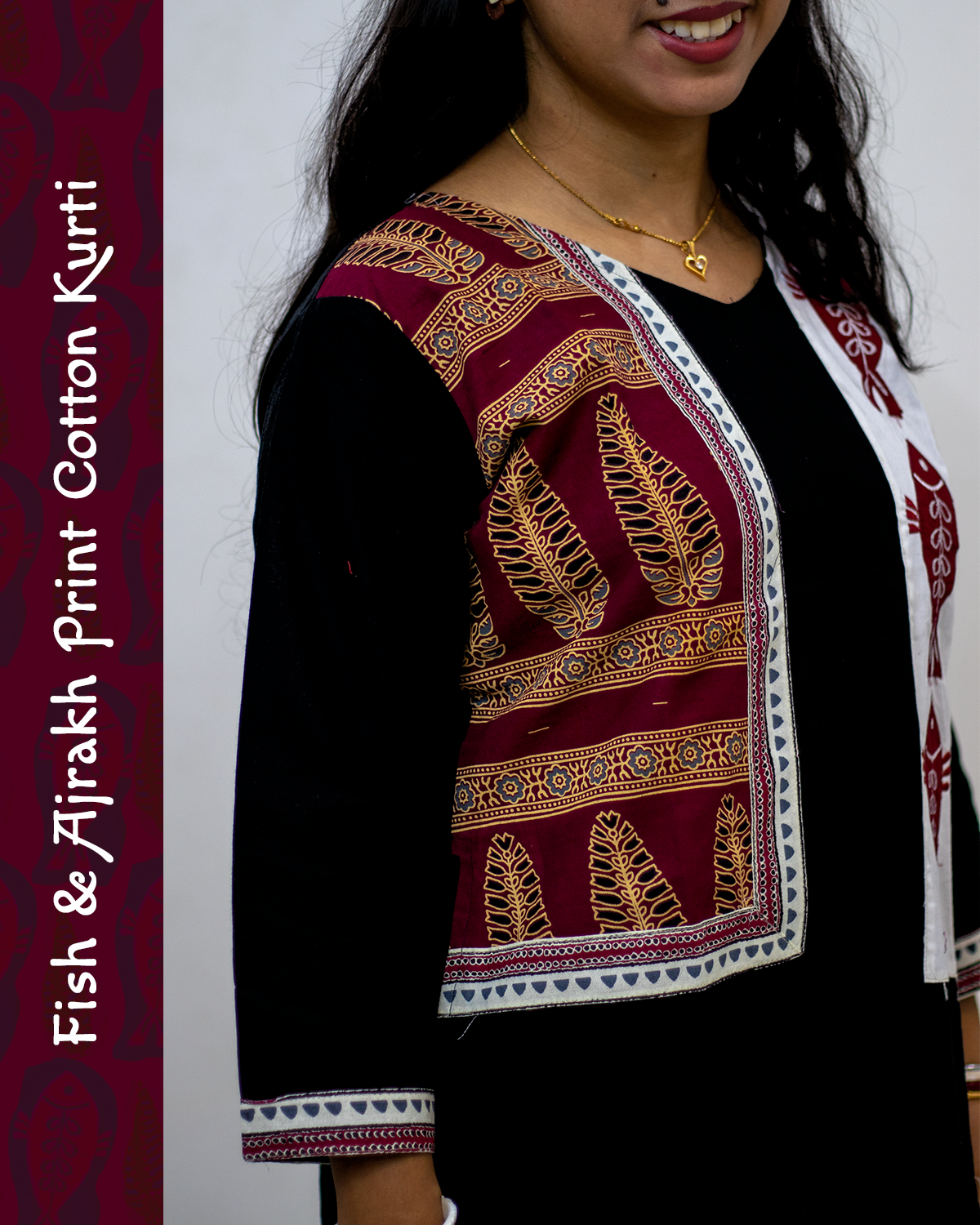 Cotton Kurti with Ajrakh Block and Fish Print Patch Work