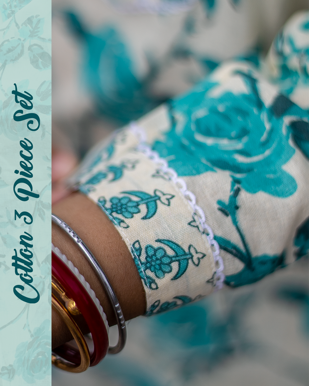 Floral Printed Blue Cotton 3-Piece Suit