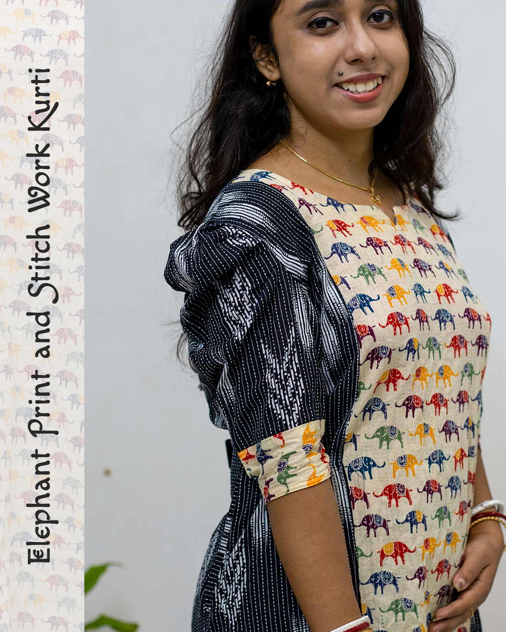 Elephant Print and Stitch Work Cotton Kurti