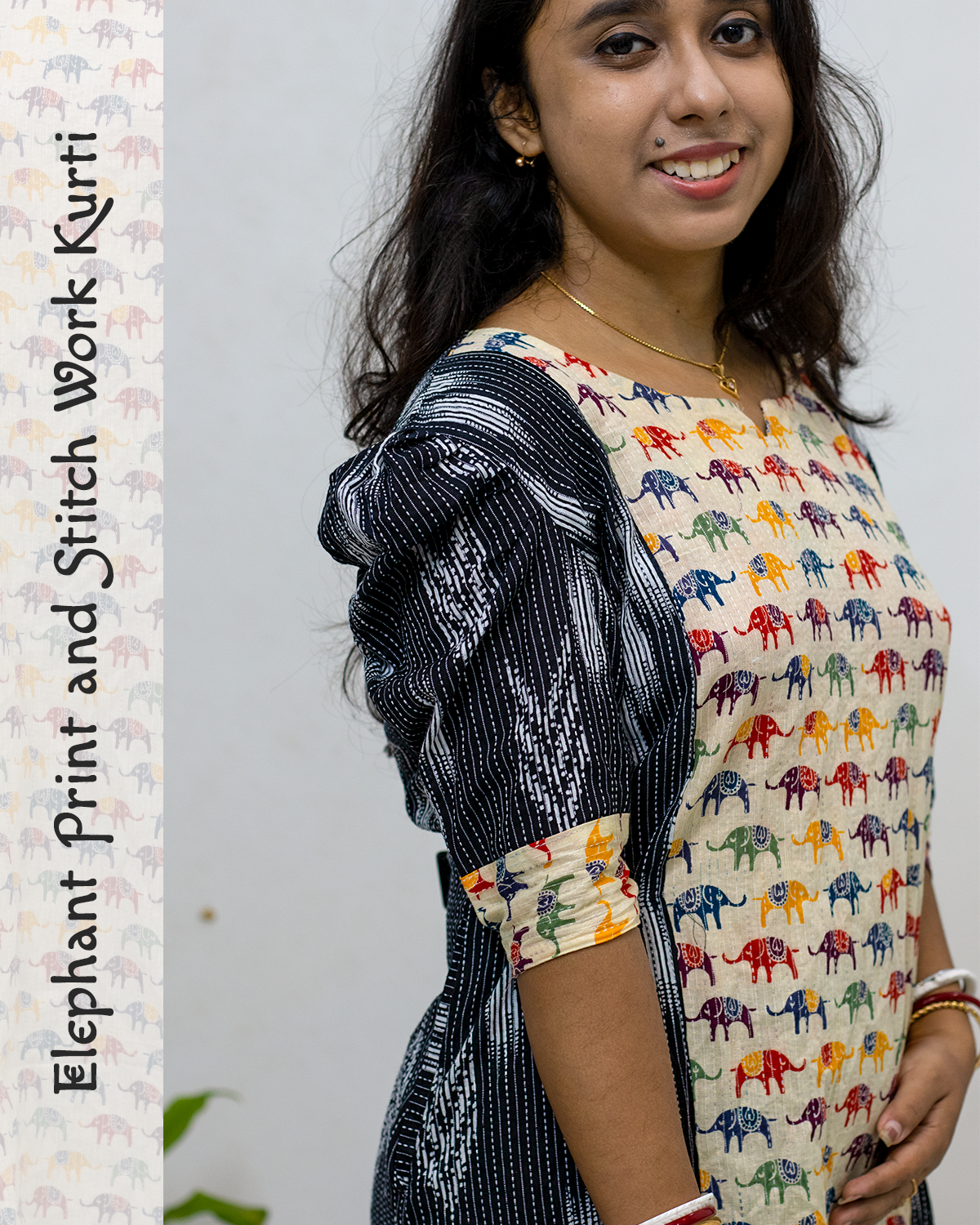 Elephant Print and Stitch Work Cotton Kurti
