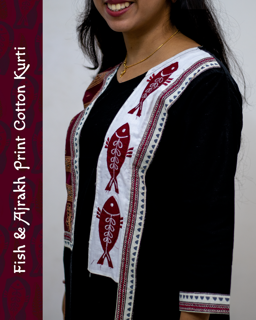 Cotton Kurti with Ajrakh Block and Fish Print Patch Work