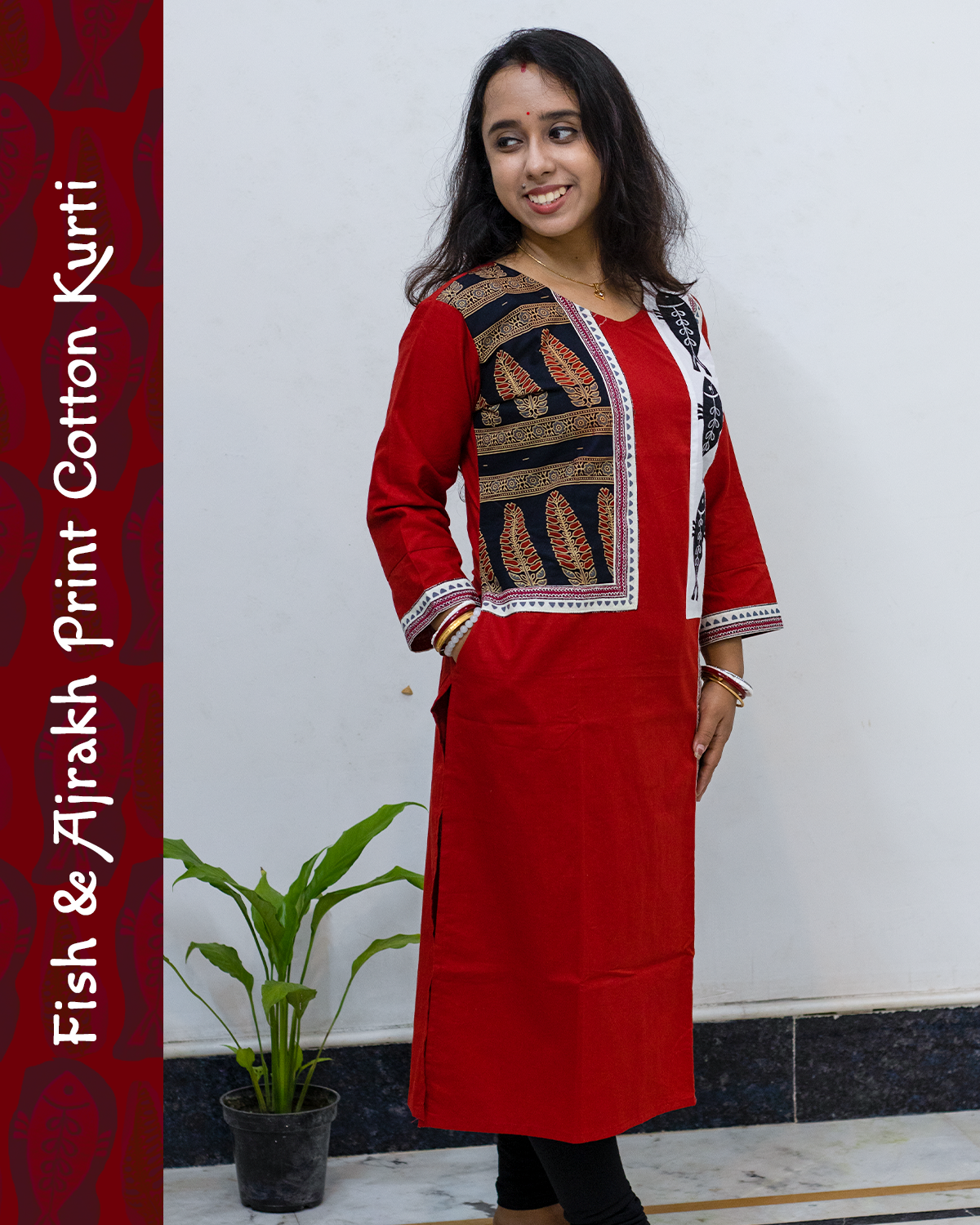 Cotton Kurti with Ajrakh Block and Fish Print Patch Work