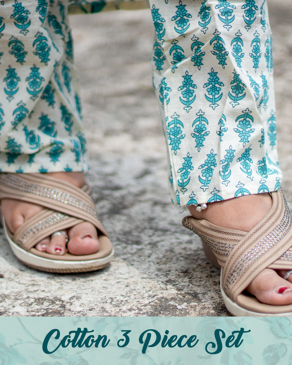 Floral Printed Blue Cotton 3-Piece Suit