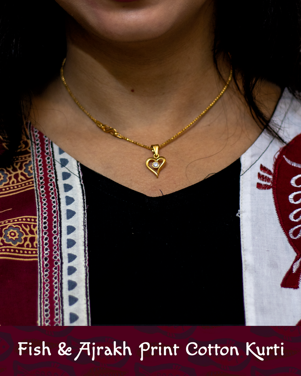 Cotton Kurti with Ajrakh Block and Fish Print Patch Work