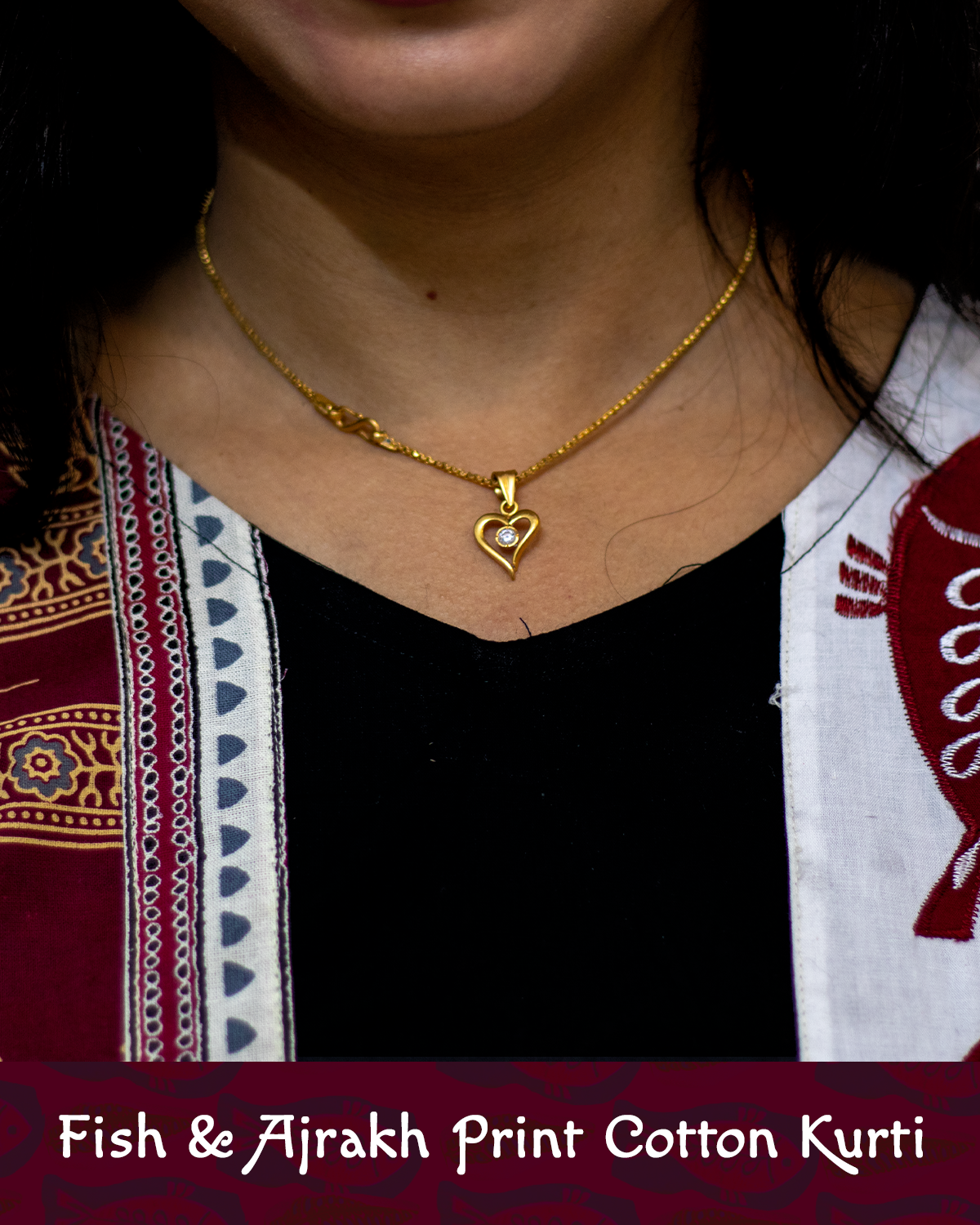 Cotton Kurti with Ajrakh Block and Fish Print Patch Work