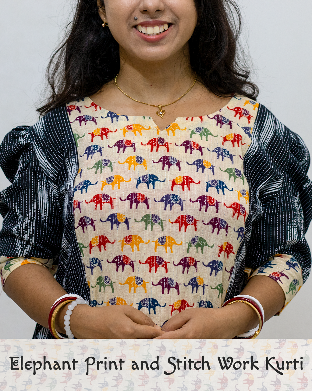 Elephant Print and Stitch Work Cotton Kurti